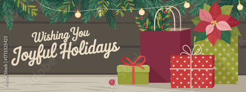 This image showcases beautifully wrapped holiday gifts, festive colors, and decorative elements, creating a joyful and celebratory atmosphere for the holiday season.