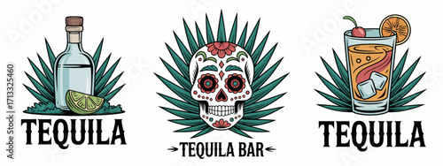 This iconic tequila bar logo showcases a distinct design featuring a bottle, a cocktail glass filled with ice, and a slice of lime, capturing the spirit of vibrant nightlife.