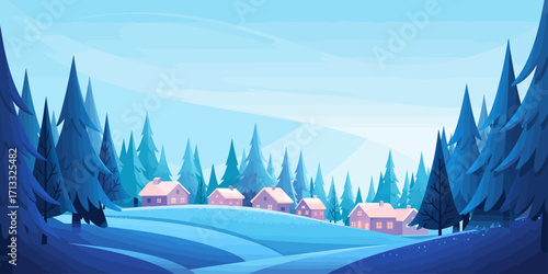 This serene winter landscape features a quaint village nestled among snowy hills, surrounded by tall evergreen trees under a clear blue sky, evoking tranquility and warmth.