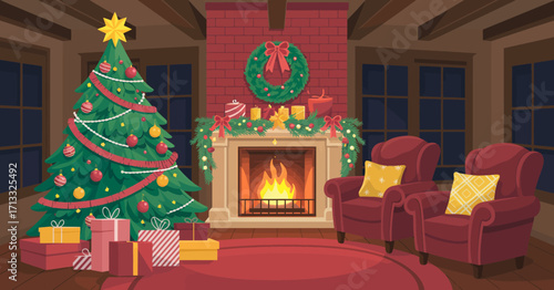 This festive living room features a beautifully decorated Christmas tree, warm fireplace, and holiday decorations, creating a cozy atmosphere for the season.