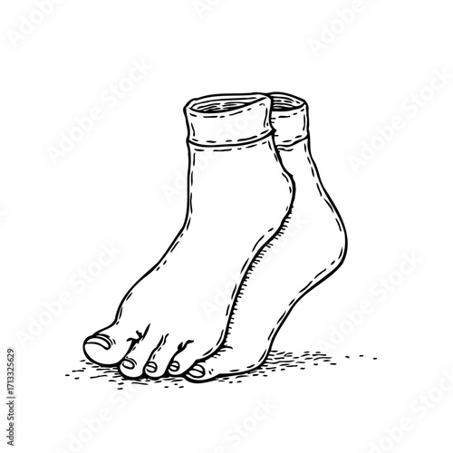 Whimsical rendering of feet adorned with stitched socks captures relaxed moments and minimalistic