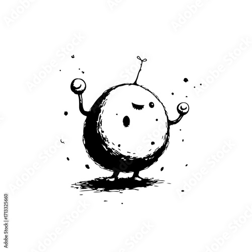 Whimsical round character enjoys a moment of carefree joy and playful expression in minimalist style