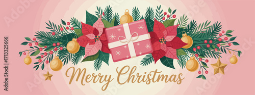 Charming Christmas decoration showcasing a beautifully wrapped gift surrounded by lush greenery, sparkling ornaments, and vibrant poinsettias, evoking the spirit of the holidays.