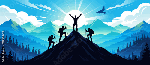 Five climbers at the mountain's summit, joyfully celebrating their efforts, reflecting camaraderie and the beauty of teamwork in overcoming challenges in a breathtaking landscape.