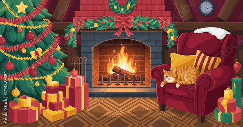 This serene holiday scene showcases a cozy living room with a sleeping cat, adorned with a Christmas tree, gifts, and a warm fireplace inviting relaxation.