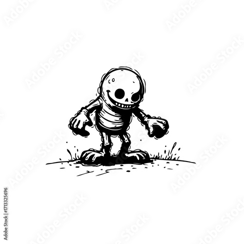 Whimsical skeletal character struts confidently across the barren land in expressive ink