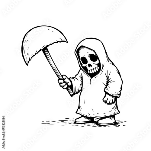 Whimsical sketch of skeletal figure clad in hooded robe wielding oversized mushroom in