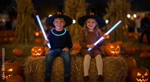 Children in Witch Hats with Pumpkins and Glow Sticks