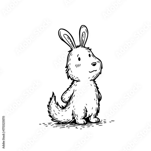 Whimsical sketched rabbit standing upright casts a charming gaze in a minimalistic black and white