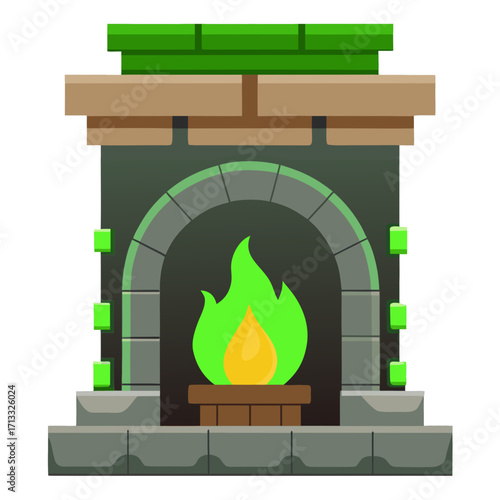 Stone fireplace with green fire burning inside and brown wooden mantle.