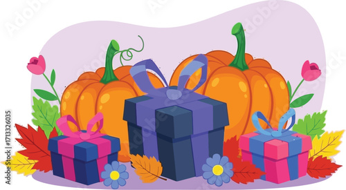 Autumn harvest celebration with pumpkins and gifts perfect for Thanksgiving or fall events