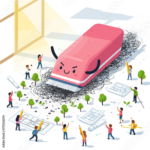 Giant eraser cleaning scribbles and creating new plans