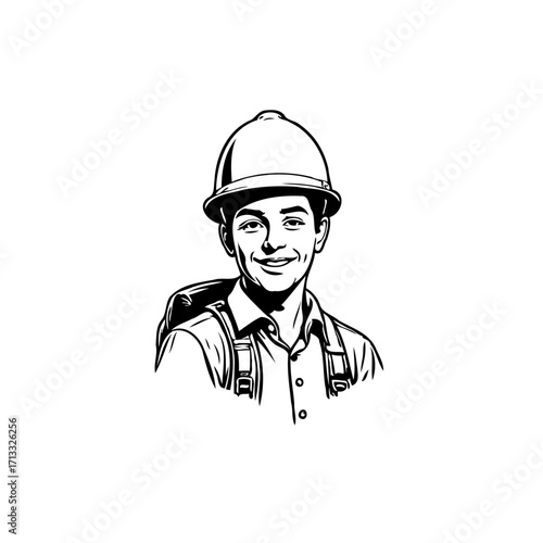 Young cheerful construction worker in helmet illustration depicting labor and dedication suitable