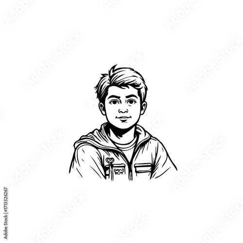 Young boy with cheerful expression sketch portrait illustration, simple line art style showcasing