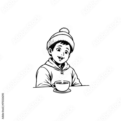 Young child smiles with a cup of hot beverage, line art for cozy moments, a sweet cartoon