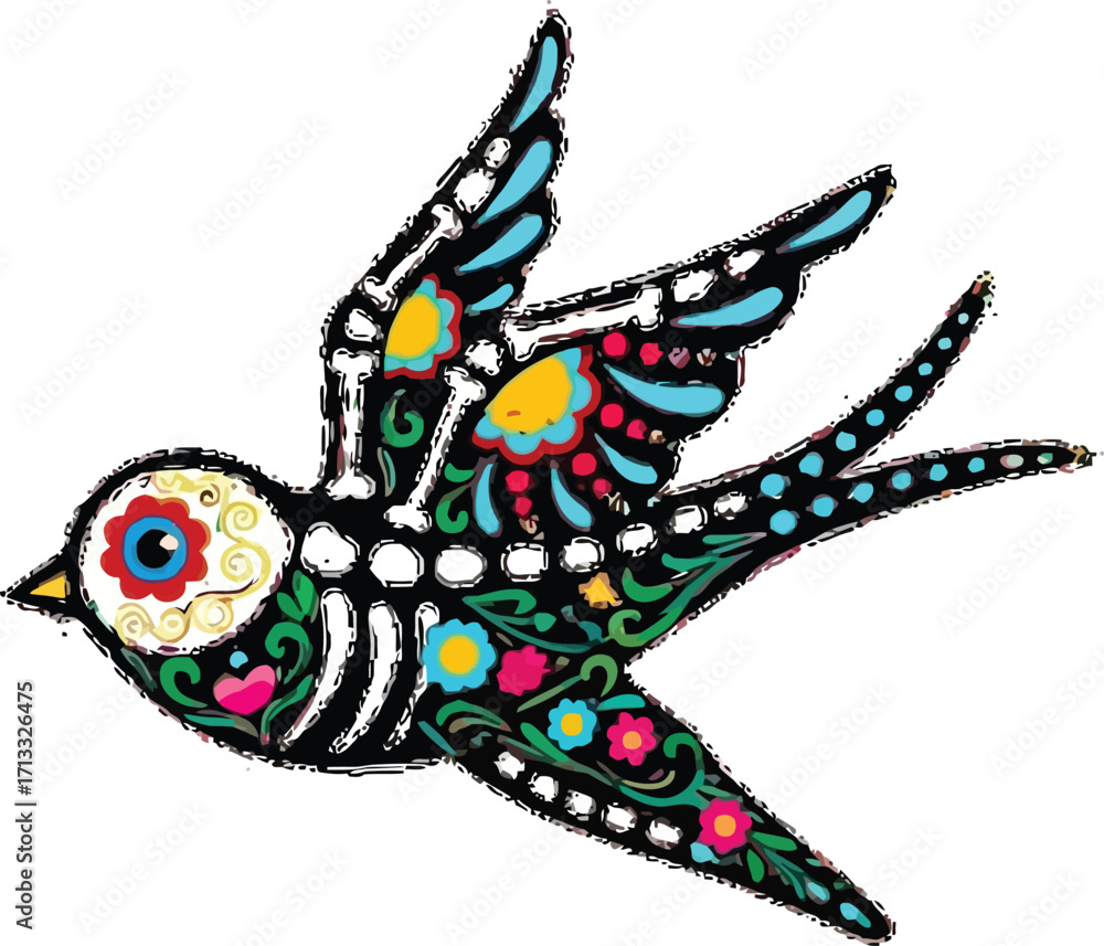 Fototapeta premium Vibrant Dia de los Muertos bird design with colorful floral patterns for joyful celebrations