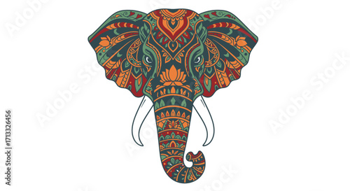Ornate Elephant Illustration with Intricate Paisley Patterns and Vibrant Colors, Ideal for Cultural Designs and Decorative Artwork