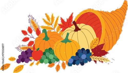 Celebrate autumn harvest with this vibrant cornucopia filled with pumpkins, fruit, and fall leaves