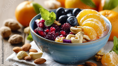 Colorful bowl filled with fresh fruit, nuts, and juicy oranges, offering healthy and delicious snack option.