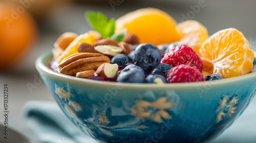 Colorful bowl filled with fresh fruit, nuts, and juicy oranges, offering healthy and delicious snack option.