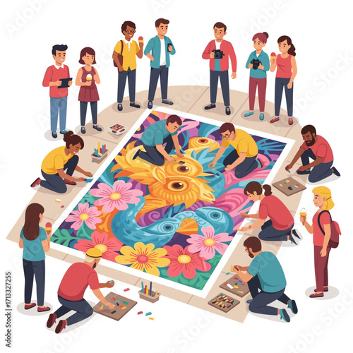 Diverse group creating colorful street art mural