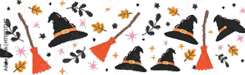Spooky Halloween vibes with cute witch hats, brooms, stars, and leaves creating a festive pattern