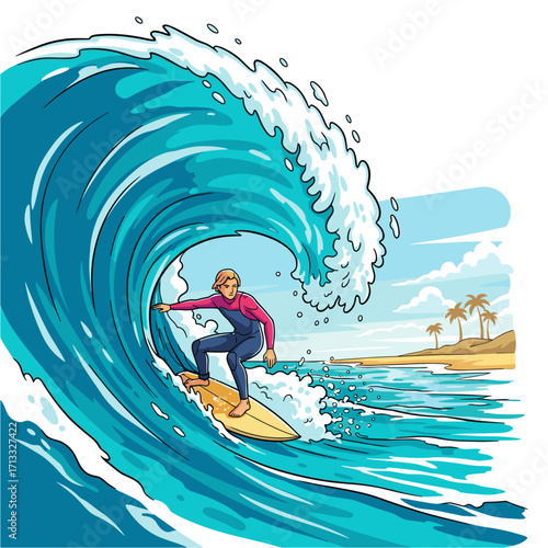 Person surfing a big wave on a tropical beach