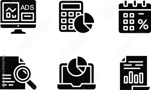 Marketing, Advertising, and Analytics Icons Set - Digital Strategy and Data Analysis.