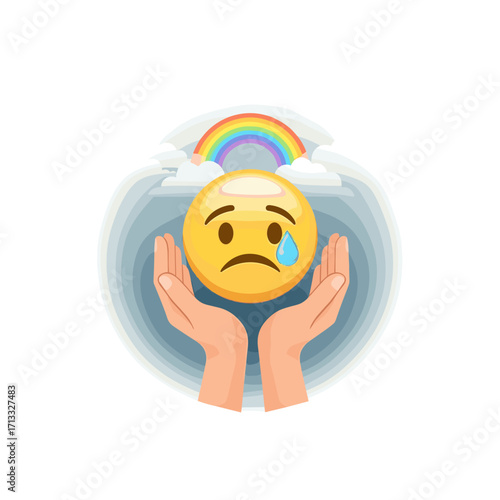 Crying emoji held by hands with rainbow
