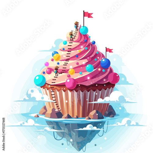 Small figures climbing a whimsical cupcake mountain
