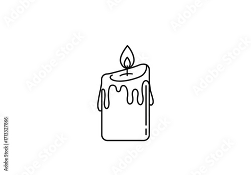 A black and white line drawing of a lit candle with melting wax