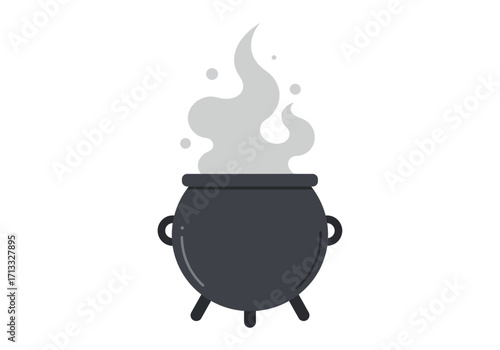 A black cauldron with steam and bubbles on a white background