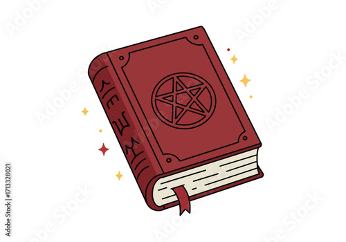 A closed dark red book with a pentagram symbol on its cover surrounded by sparkles