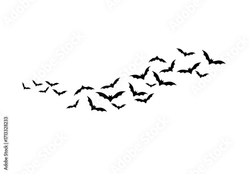 Flock of black bats in flight against a white background