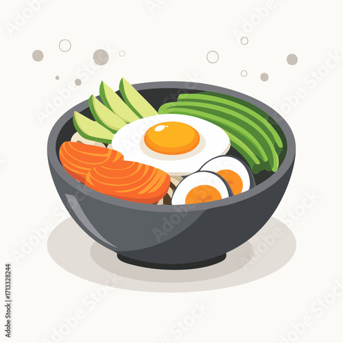 Delicious healthy breakfast bowl with fried egg, avocado, salmon, and hard-boiled eggs