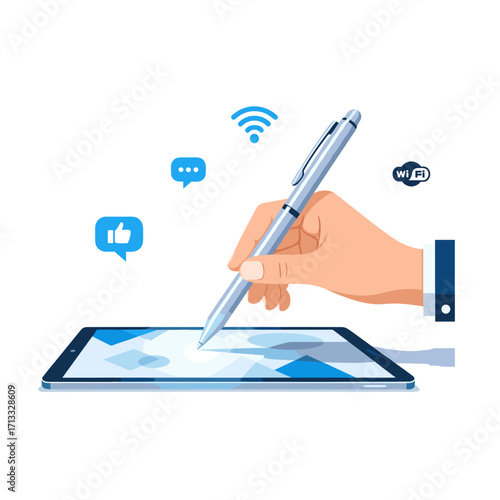 Hand using stylus on tablet with network icons