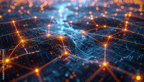 Illuminated Network: A close-up view of a vibrant, glowing digital network showcasing the interconnectedness of data, innovation, and technology. 