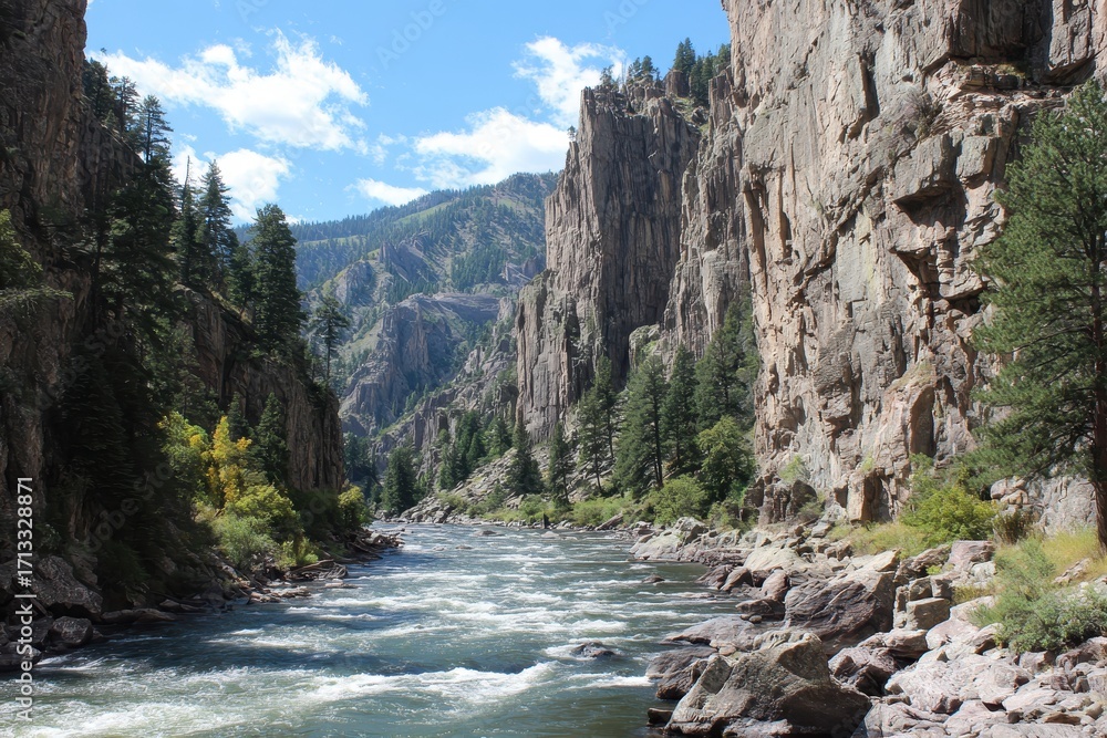 Fototapeta premium Black Canyon of the Gunnison River, Colorado, with steep cliffs and flowing water.