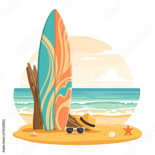 Surfboard, hat, and sunglasses on beach