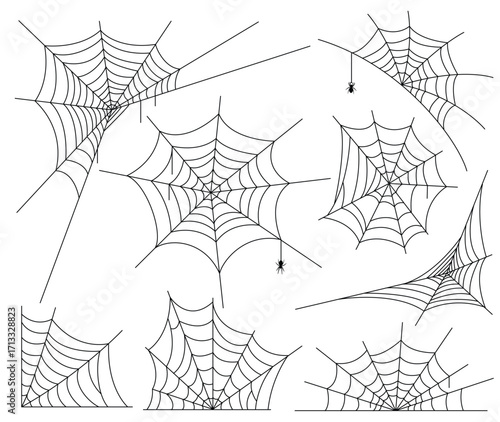 Set of different Black spiders and different web isolated on white background illustration