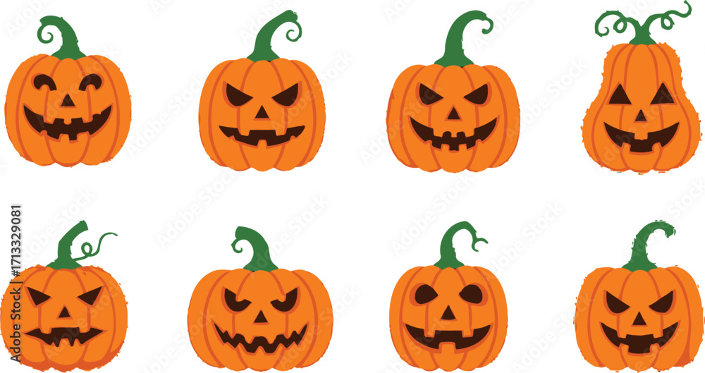 Spooky Halloween pumpkins with carved faces for festive decorations and holiday celebrations