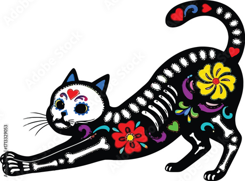Vibrant Day of the Dead cat stretches playfully with colorful sugar skull inspired decorations
