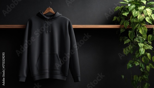 A dark charcoal hoodie hangs on a wooden hanger against a dark wall, beside a trailing houseplant on a dark wood shelf.  Minimalist, clean aesthetic