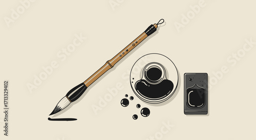 Traditional Asian Calligraphy Tools Illustration Depicting Sumi-e Ink Painting Equipment for Artistic Expression and Cultural Heritage Preservation