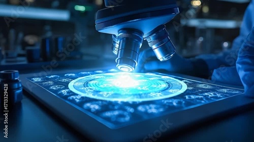 Microscope focusing on brain scans on a tablet
