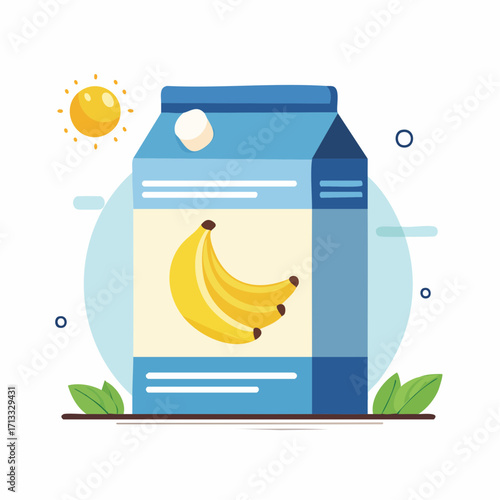 A vibrant flat design illustration of a banana milk carton, representing a healthy, natural, and refreshing fruit beverage