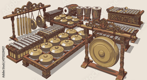 Gamelan Ensemble Illustration Showcasing Indonesian Traditional Music for Cultural Education and Music Appreciation Resources