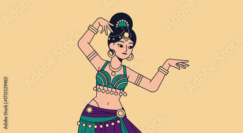 Elegant belly dancer illustration featuring traditional costume and graceful pose for cultural events, dance performances, or educational materials.