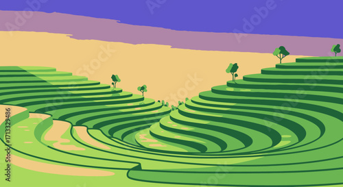 Serene Rice Terraces Landscape Illustration Depicting Agricultural Sustainability and Rural Beauty for Educational and Promotional Materials