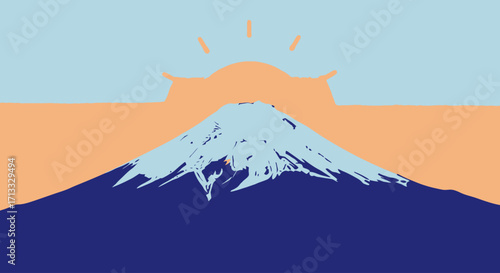 Serene Sunrise Over Mount Fuji Minimalist Illustration for Japanese Culture Promotion and Travel Destination Marketing Material Design